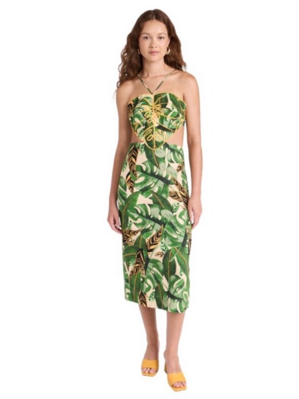 Farm Rio Tropical Green Leaf Cutout Midi Dress
